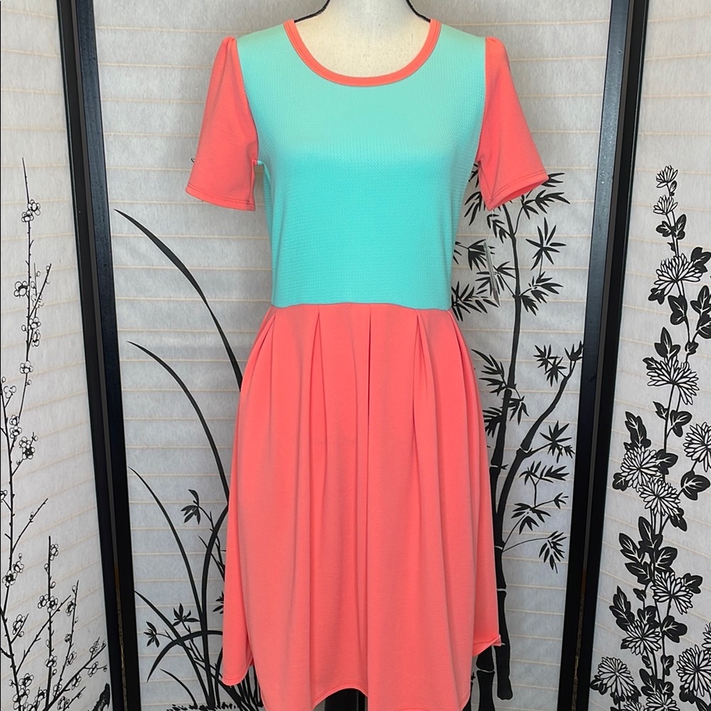 Lularoe Amelia Colorblock Coral and Mint Dress M